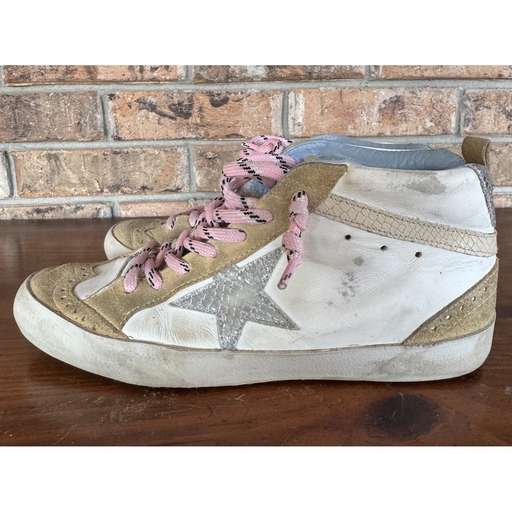 Golden Goose Mid Star High Top Sneakers Gold Glitter Pink Laces Suede Star 38 - Picture 4 of 11